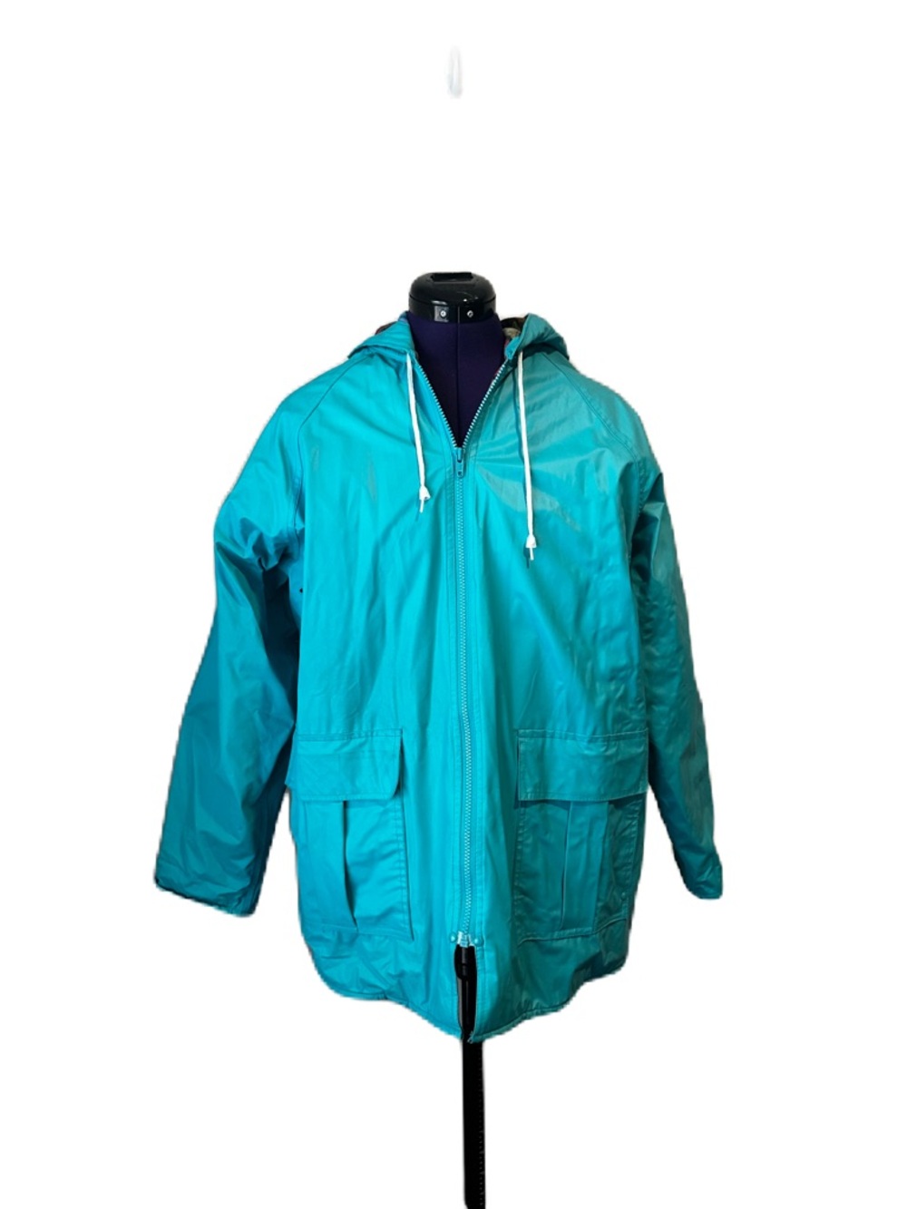Vintage Misty Harbor Any Weather Slicker Blue Teal Raincoat Hooded Vinyl Jacket